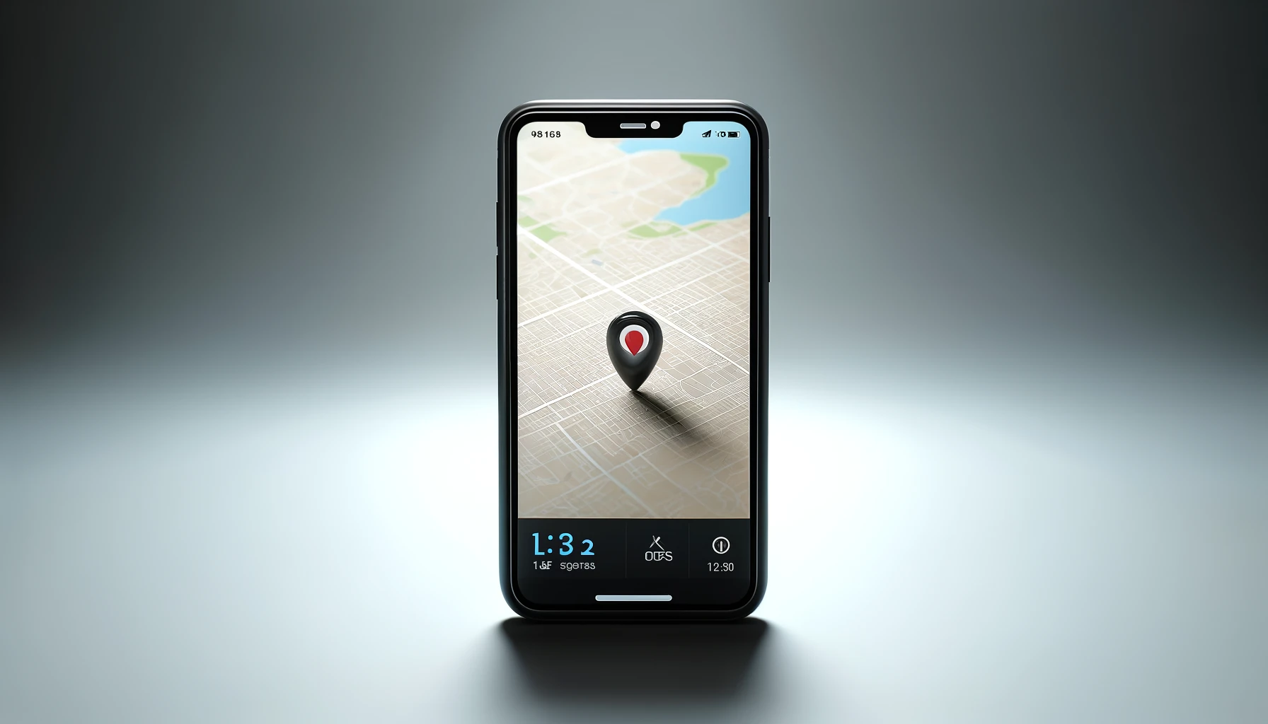 a modern black mobile phone with a location tracking app displayed on its screen. 