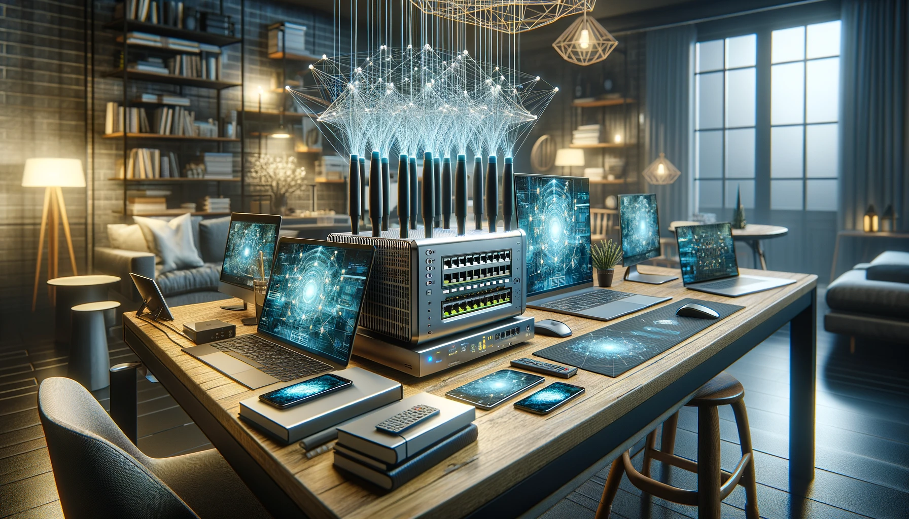 an futuristic home network setup, showcasing a high-speed modem connected to a mesh network system, along with various interconnected devices like laptops, smartphones, and a smart TV.