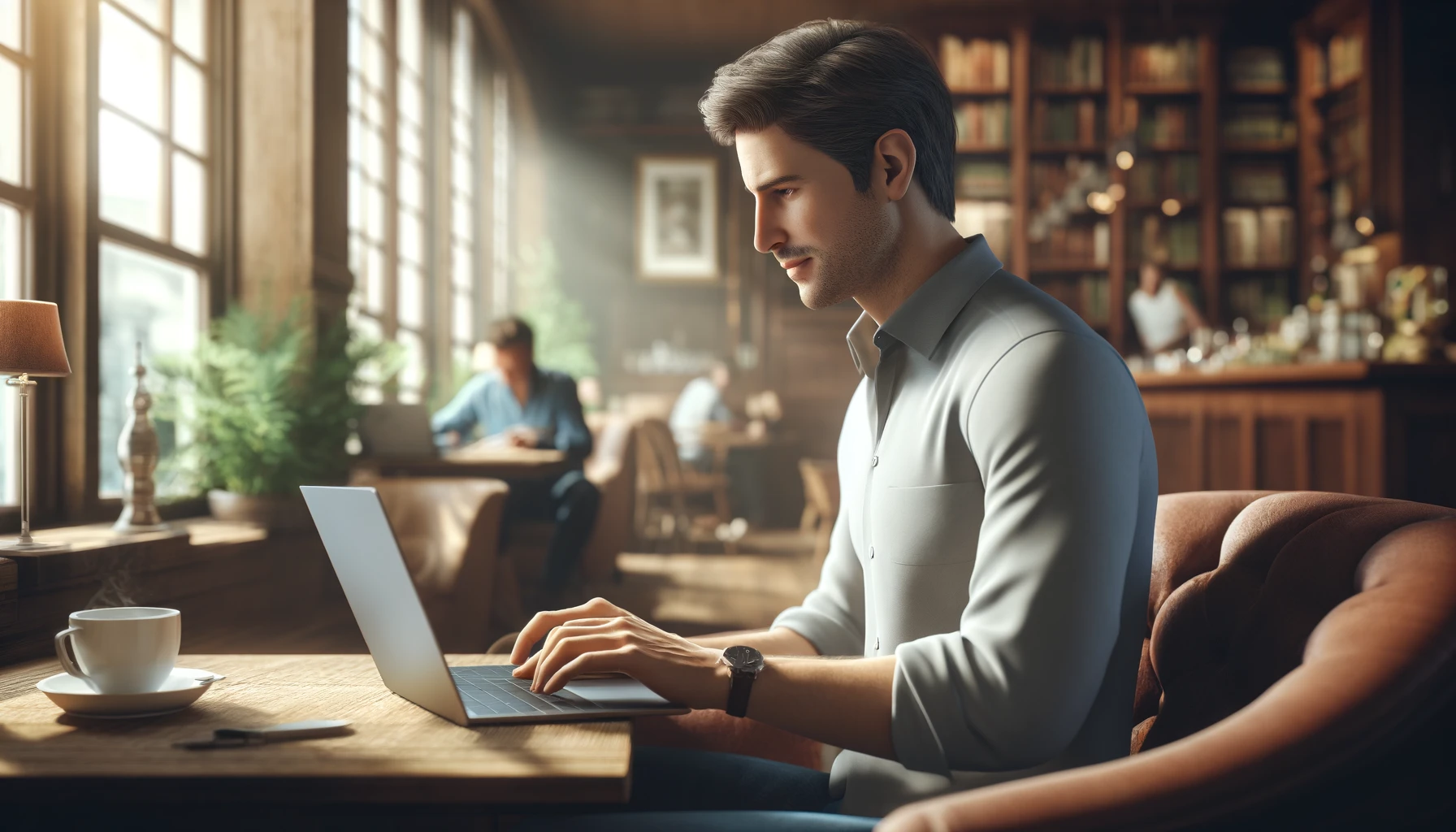 a man in his 30s, with short dark hair, wearing casual business attire is focused on the laptop screen, typing intently.