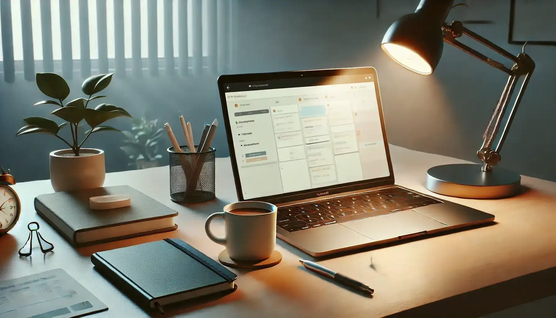 A beautifully organized workspace showing a laptop with a Trello (with the tasks and plans for a day) nearby a cup of coffee and other items.