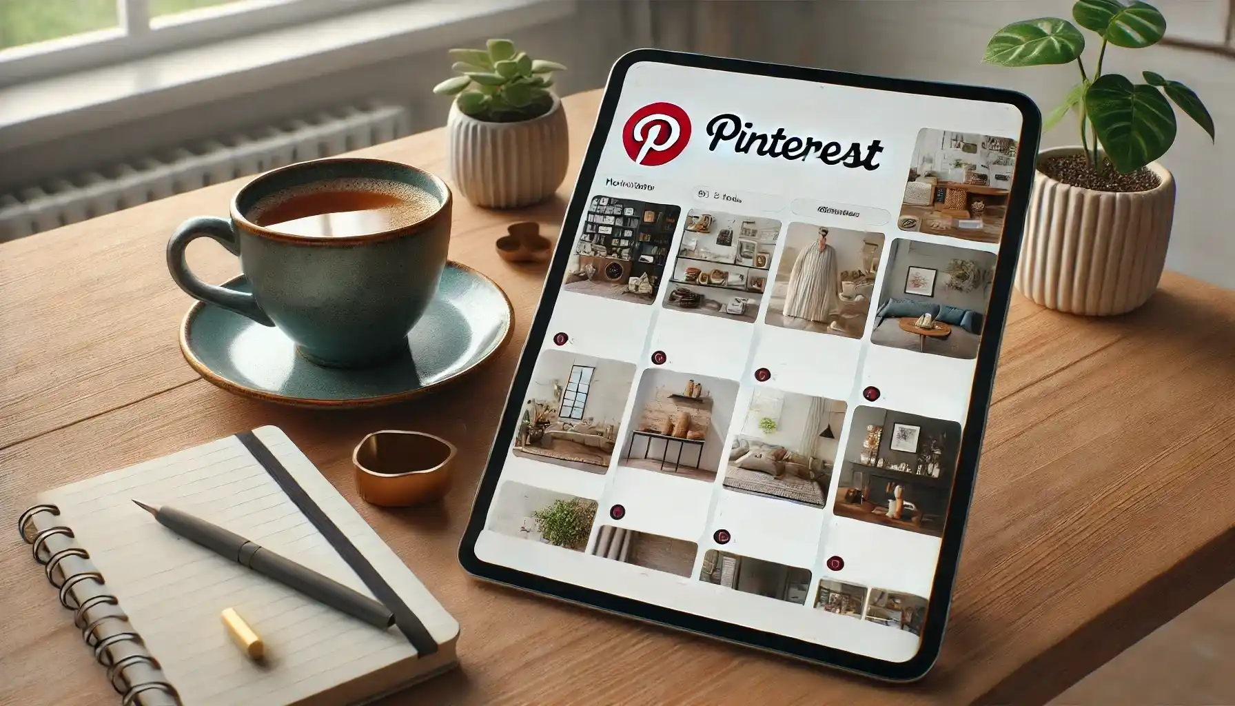 A tablet on a clean desk showing the Pinterest app with a collection of hobby ideas such as design, cooking, and interior decoration. 