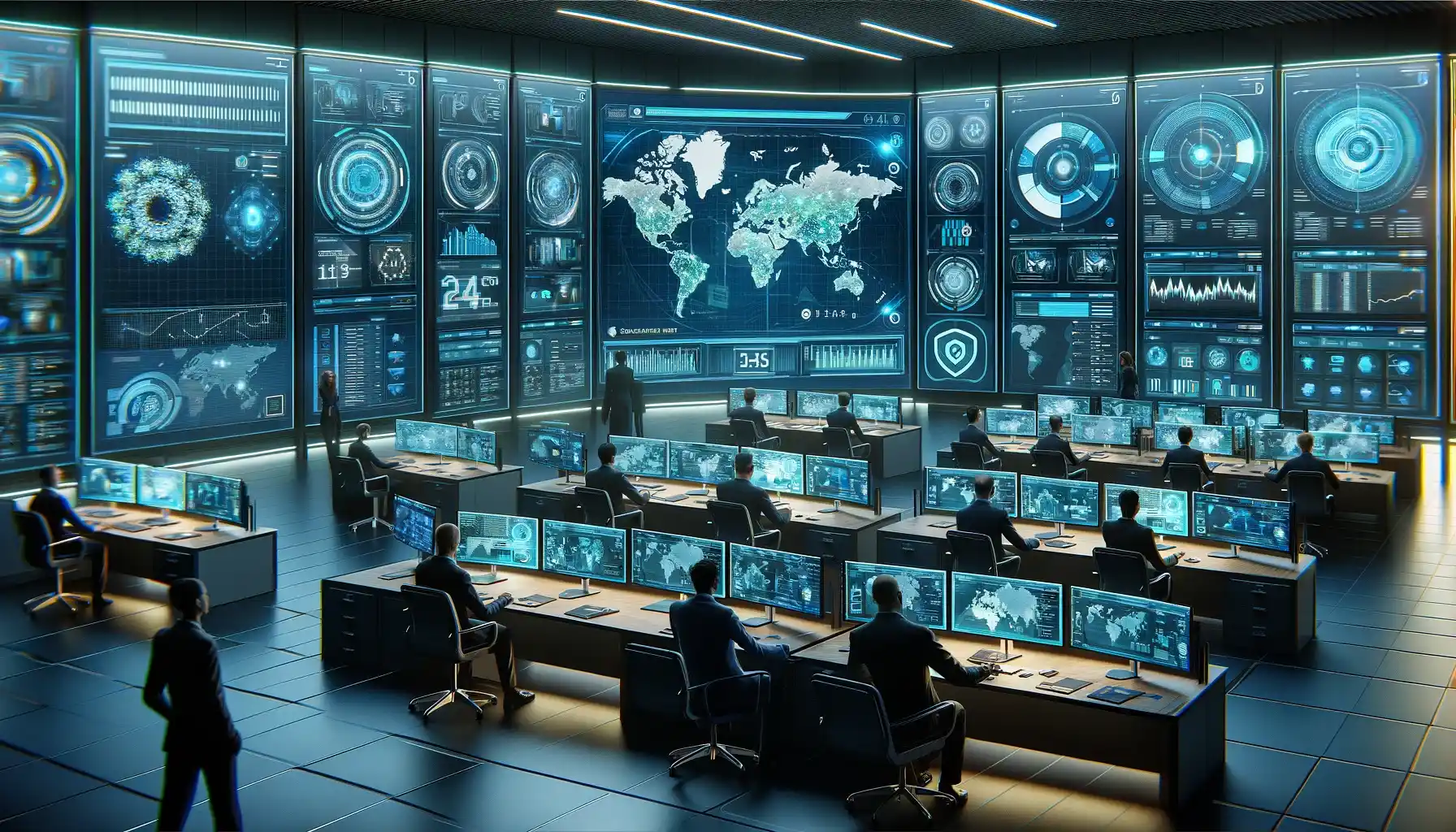 a futuristic cybersecurity operations center, with experts monitoring screens showing advanced cybersecurity tools and analytics. 