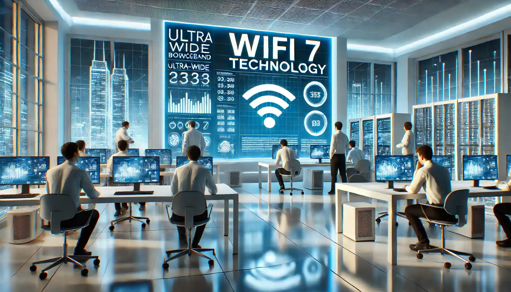 a modern WiFi 7 technology demonstration room equipped with high-tech devices and large digital displays showing network performance metrics. The setting is designed to highlight cutting-edge connectivity features with a minimalist and futuristic aesthetic.