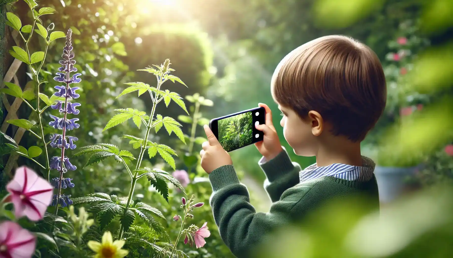 A young boy in his backyard is taking a close-up photo of a plant with his smartphone to identify it.