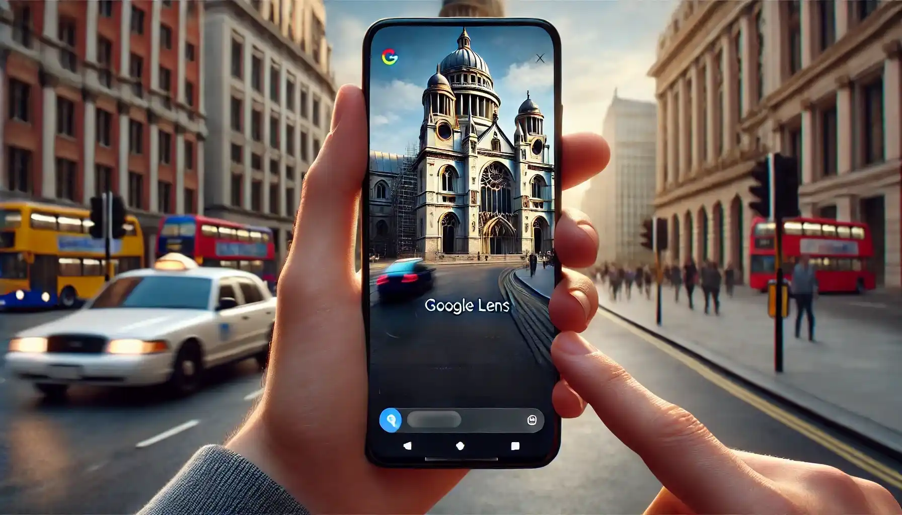 A person is using their smartphone in a bustling city to find some info about the sights.