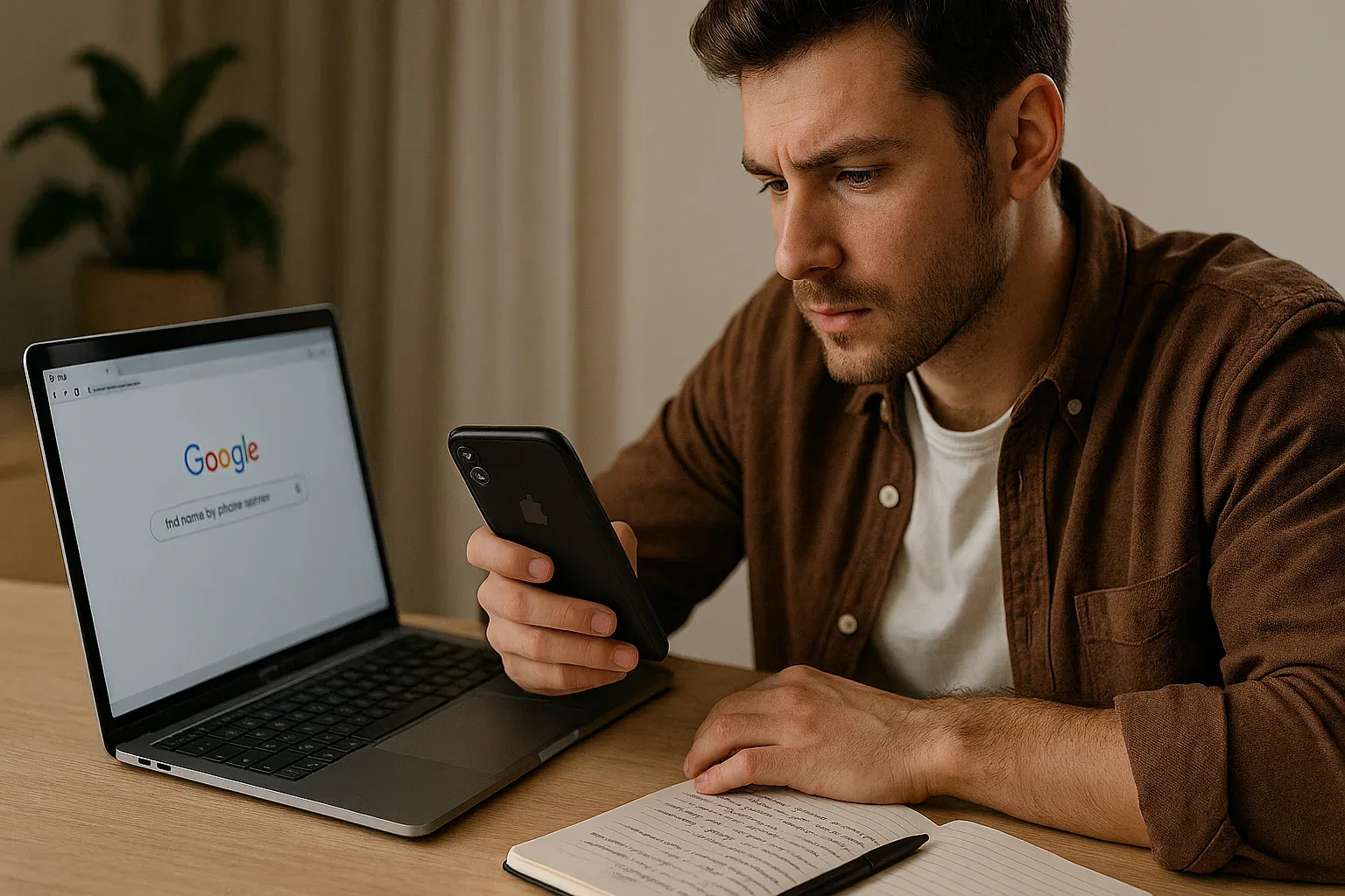 A young man sits at a desk with a laptop and notebook, checking his phone while searching “find name by phone number” on Google.