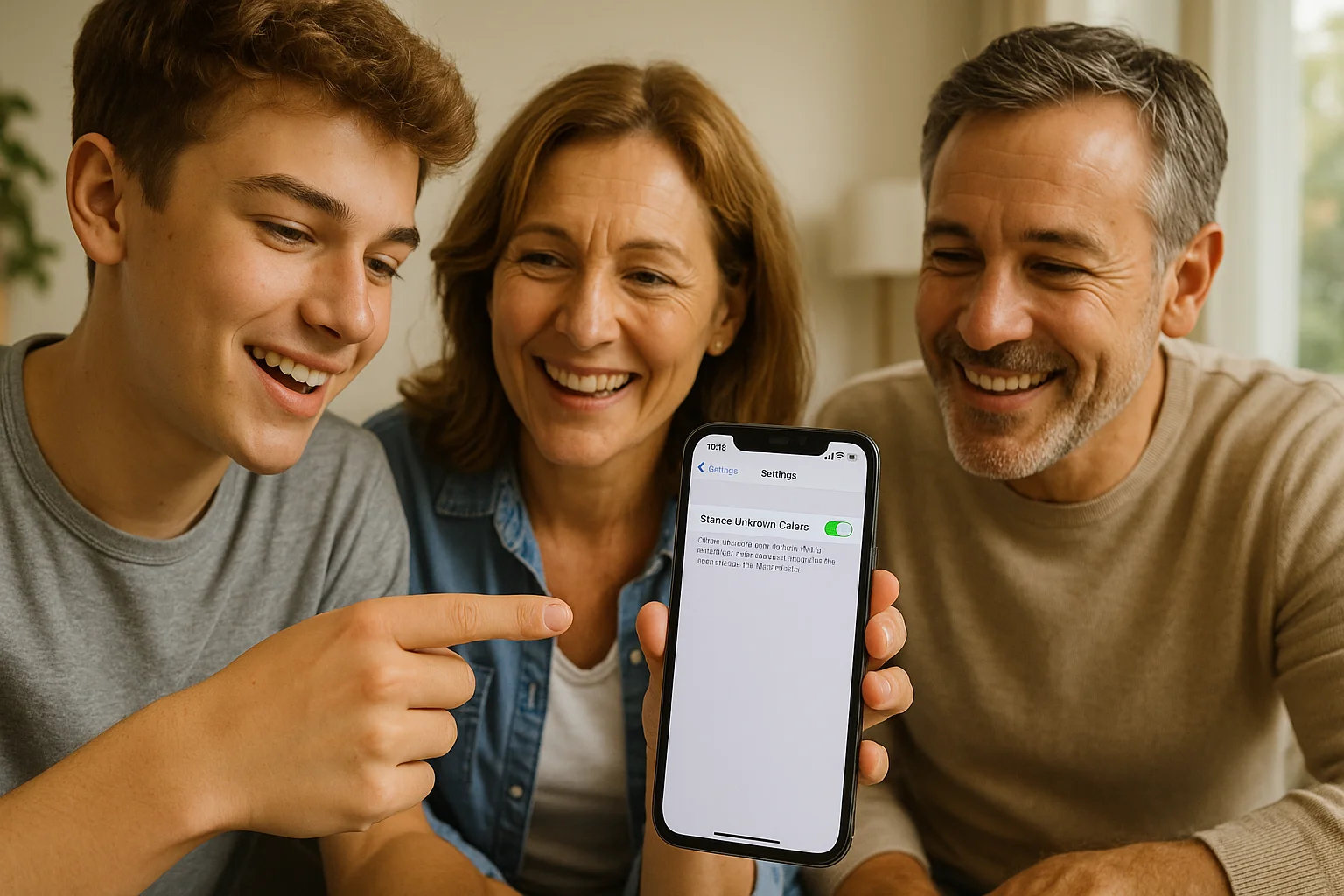 A teenage boy explains his parents the “Silence Unknown Callers” feature on his iPhone.