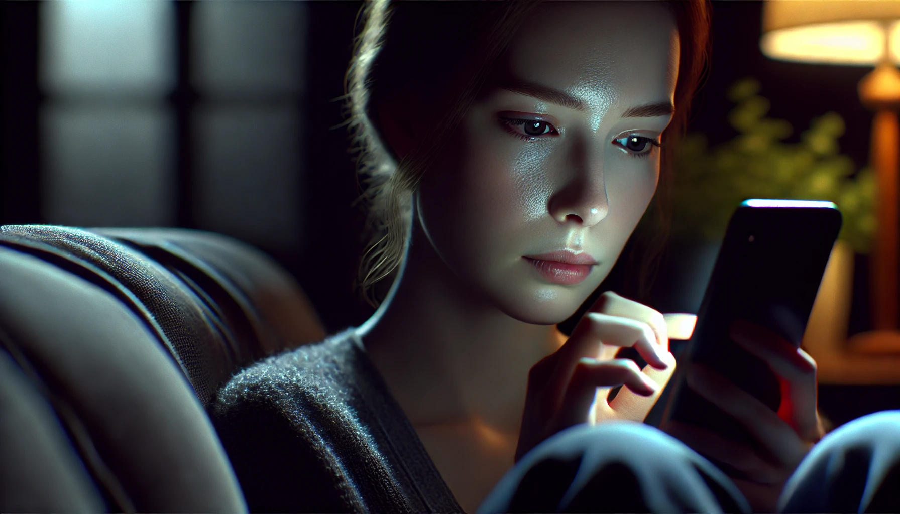 a sad woman using her phone while sitting on a sofa in a dark room.