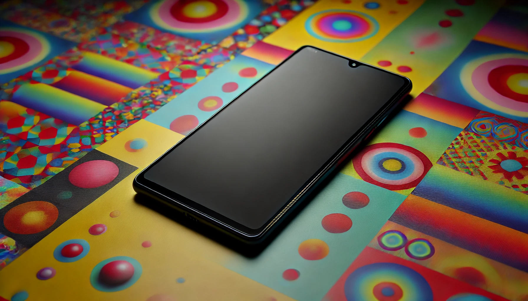 a turned-off smartphone with a dark plain display lying on a colorful table.